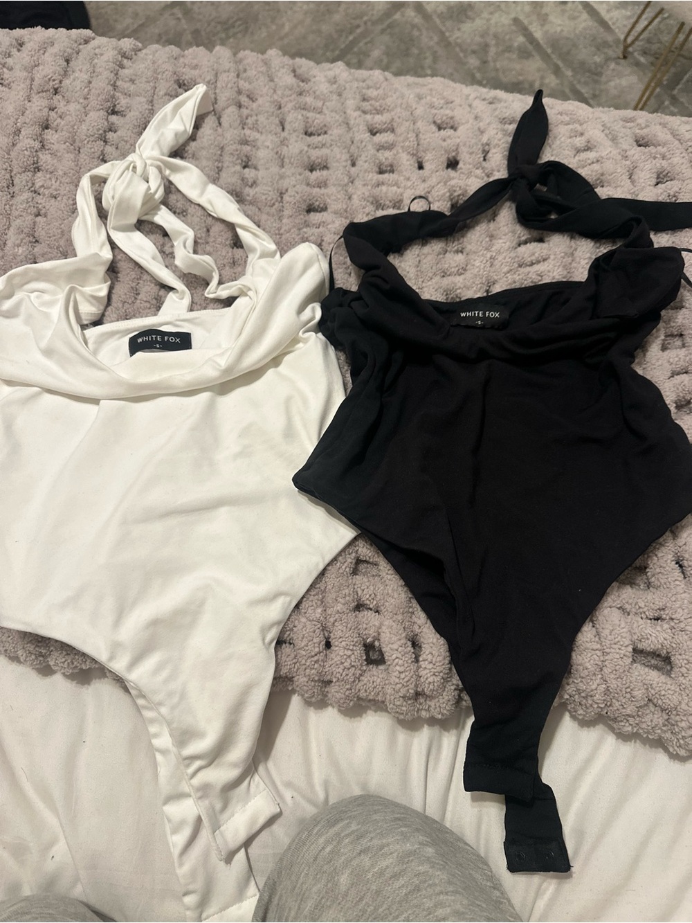 White Fox Boutique Black & White Halter Tie Bodysuits